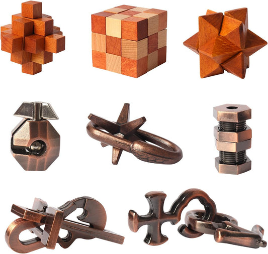 8pcs Puzzles Toys Wooden and Metal Brain Teaser Puzzles Game for Adults Kids Unlock Interlocking Puzzle IQ Education Puzzle Gift