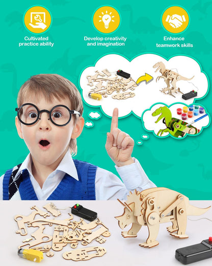 Poraxy Dinosaur Toys, 4 in 1 STEM Kits for Kids Age 8-10, Toys for Ages 8-13, Educational Science Building Projects, 3D Wooden Puzzles Robot Crafts, Gifts for Boys Girls 7 8 9 10 11 12 13 Year Old