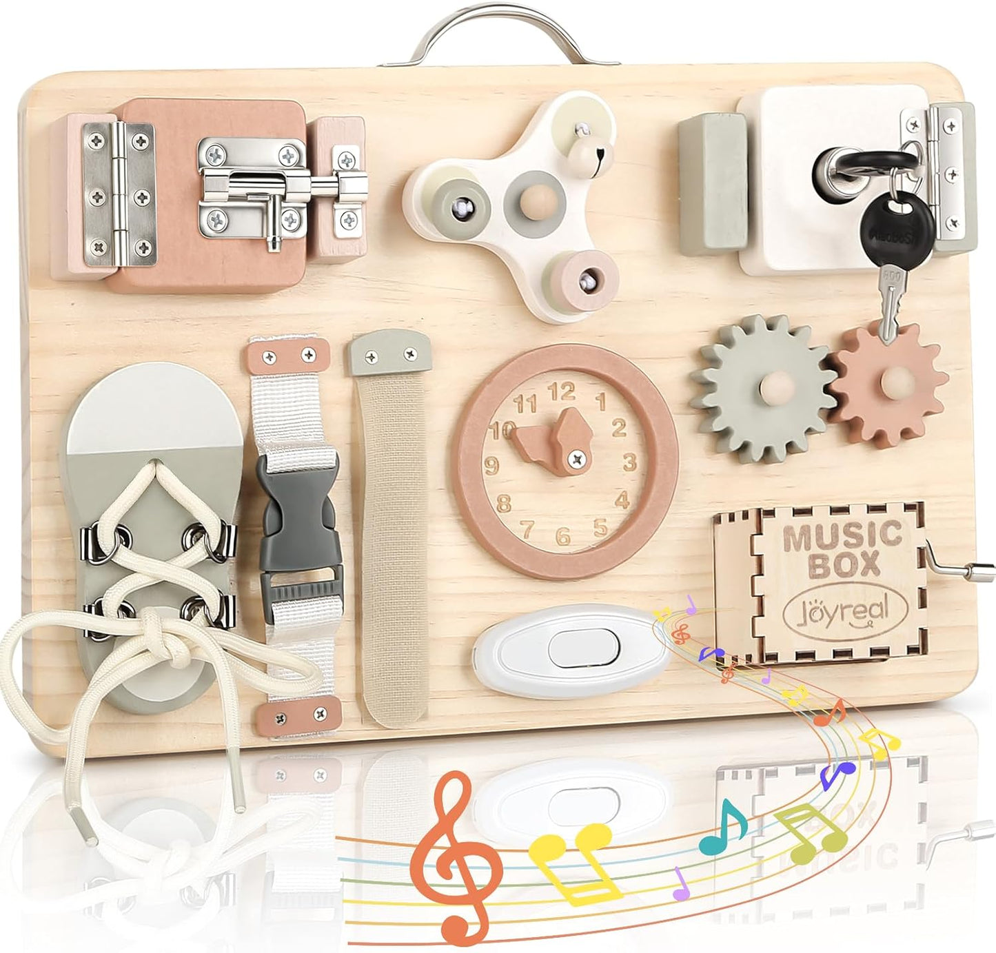 Joyreal Wooden Busy Board for Toddlers, Montessori Toys for 1 2 3 Year Old, Sensory Activity Board with Music Box & 10 Motor Skill Activities, Educational Travel Toys Gift for Boys Girls