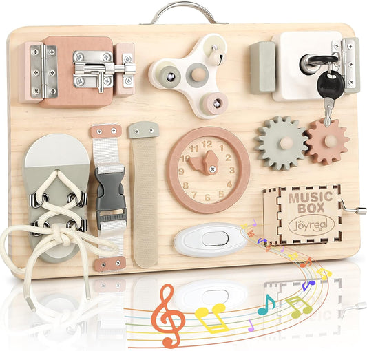 Joyreal Wooden Busy Board for Toddlers, Montessori Toys for 1 2 3 Year Old, Sensory Activity Board with Music Box & 10 Motor Skill Activities, Educational Travel Toys Gift for Boys Girls