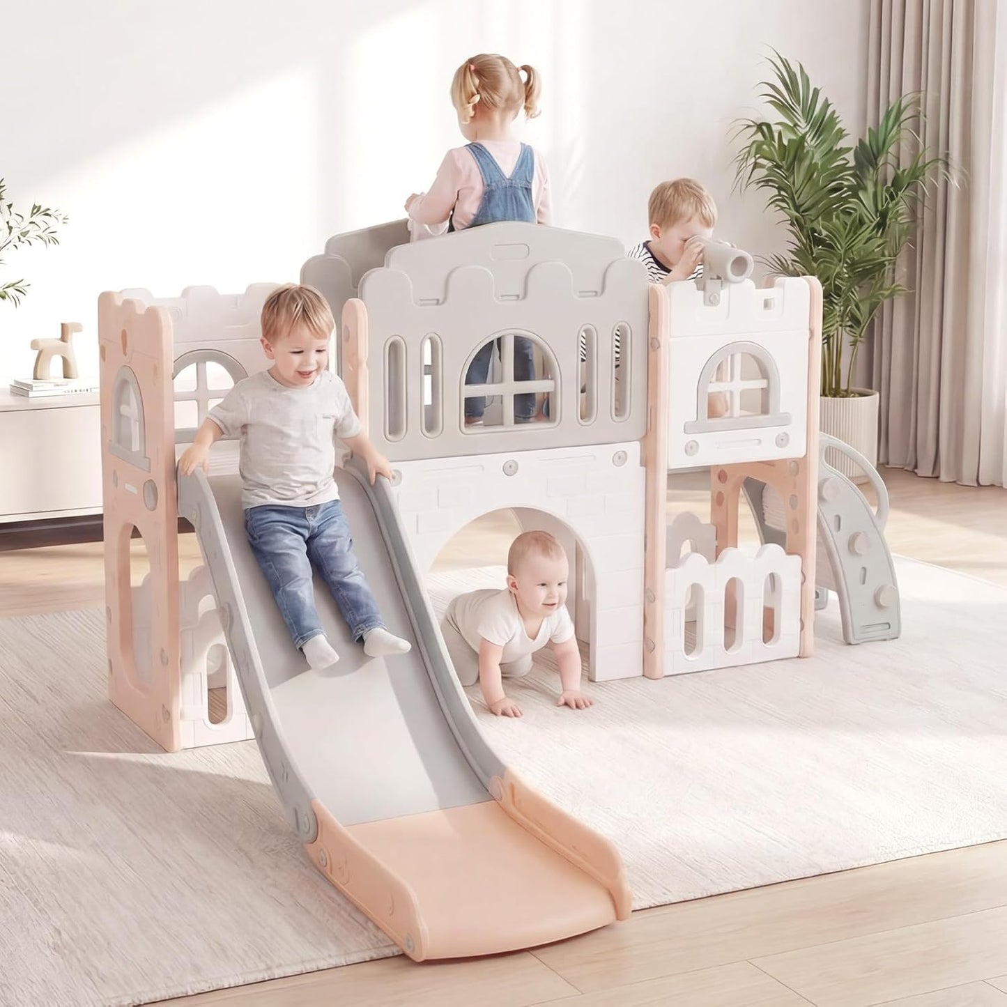 OLAKIDS Toddler Slide and Swing Set, 7 in 1 Kids Indoor Outdoor Playground with Climber Basketball Hoop Telescope Toy Storage for Boys Girls Aged 1+ (Grey)