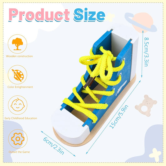 2 Pack Wooden Shoe Tying Practice Kit with Blue and Pink Laces, Instructional Lacing Technique Aid for Fine Motor Skills Development (Blue,Pink)
