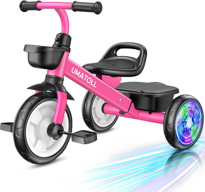 Umatoll Tricycle for Toddlers 2-5 Year Old, Ajustable Toddler Bike Outdoor Toys, Birthday Gift for Girl Age 2-4, Trike with Light up Wheels