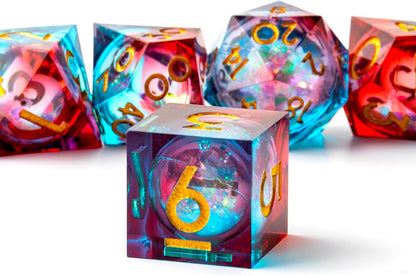 Liquid Core DND Dice Set, 7pcs Sharp Edge Dice for Role Playing Dungeons and Dragons Ttrpg with Gift Box, Handmade Resin D&D Dice RPG Role Playing Games Dice Set(Blue Gold)