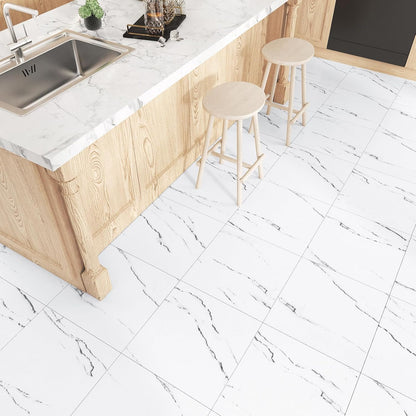 Wallercity White Marble Peel and Stick Vinyl Floor Tiles 6-Pack 12x12 Inches Self Adhesive Waterproof Flooring Planks for Bathroom Kitchen Bedrooms Stick on Floor Tiles Laminate Sheets Vinyl Flooring