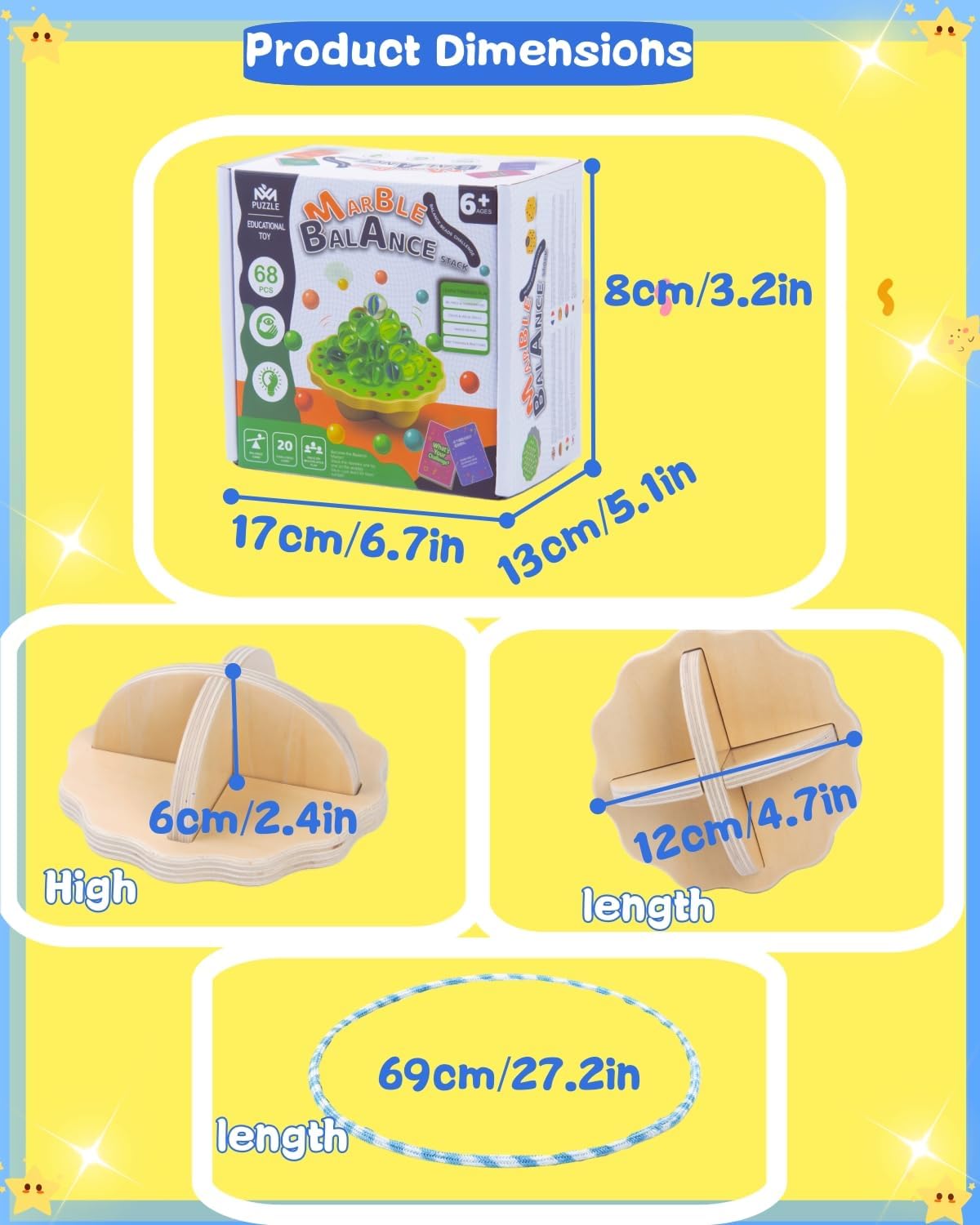 Wooden Marble Balance Game for Kids 6+ and Adults, Wobble Stacking Board 1–4 Players Family Game, 68 Glass Marbles, Dice, Challenge Cards, Party & Travel Game