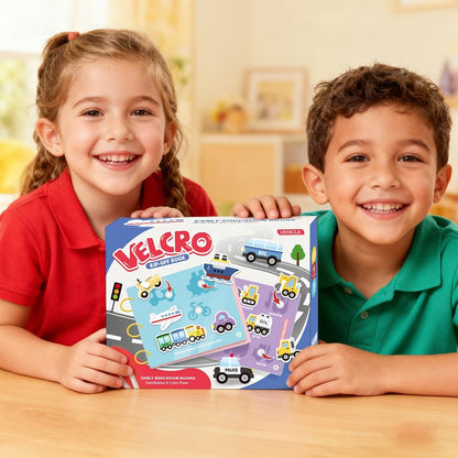 Kids Early Learning Busy Book Activity, Velcro Rip-off Vehicles and Coloring Fill In (Police Car, Fire Truck, Ambulance, Train, Bus, Cars, Boat, Airplane, Construction Trucks, Taxi) With Coloring Pens