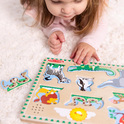 Melissa & Doug Farm Animals Sound Puzzle – 8-Piece Wooden Peg Puzzle with Light-Activated Sounds, Music Learning Toy for Toddlers and Preschoolers Ages 2+