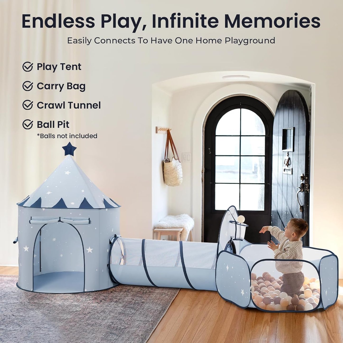 Tiny Land Play Tunnel and Ball Pit for Toddlers, 5pcs Indoor Playground - Foldable Pop Up Tents with Carry Bag, Outdoor Playhouse with Crawling Toys & Play Tent, Gift for Boys and Girls
