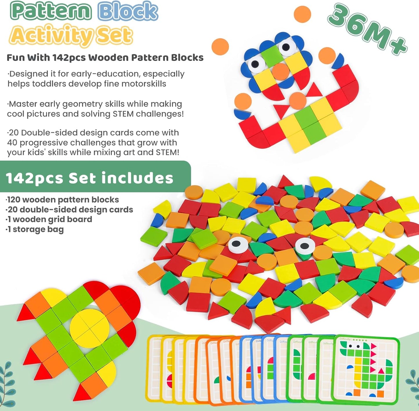 Wooden Pattern Blocks 142PCS Montessori Mosaic Puzzle Geometric Shapes Tangrams for Kids with Storage Bag, Following Cards, and Grid Board, Gifts for Boys Girls Ages 3+