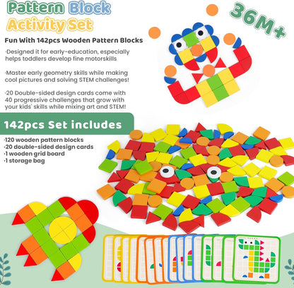 Wooden Pattern Blocks 142PCS Montessori Mosaic Puzzle Geometric Shapes Tangrams for Kids with Storage Bag, Following Cards, and Grid Board, Gifts for Boys Girls Ages 3+
