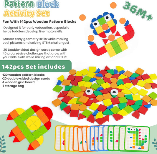 Wooden Pattern Blocks 142PCS Montessori Mosaic Puzzle Geometric Shapes Tangrams for Kids with Storage Bag, Following Cards, and Grid Board, Gifts for Boys Girls Ages 3+