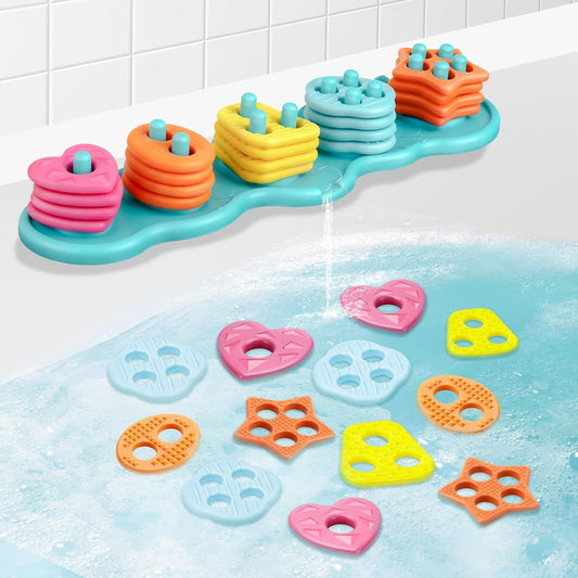 Baby Bath Toys, Mould Free Silcone Shape Sorting & Stacking Bath Toy Set, No Hole No Mold Silicone Color & Shape Sorter Bathtub Toy Early Learning Sensory Toys for Toddler