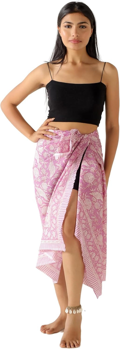 100% Cotton Sarong Cover Up for Women Indian Block Print Beach Wrap Skirt Long Boho Swimsuit Bikini Pareo (73” x 43”)