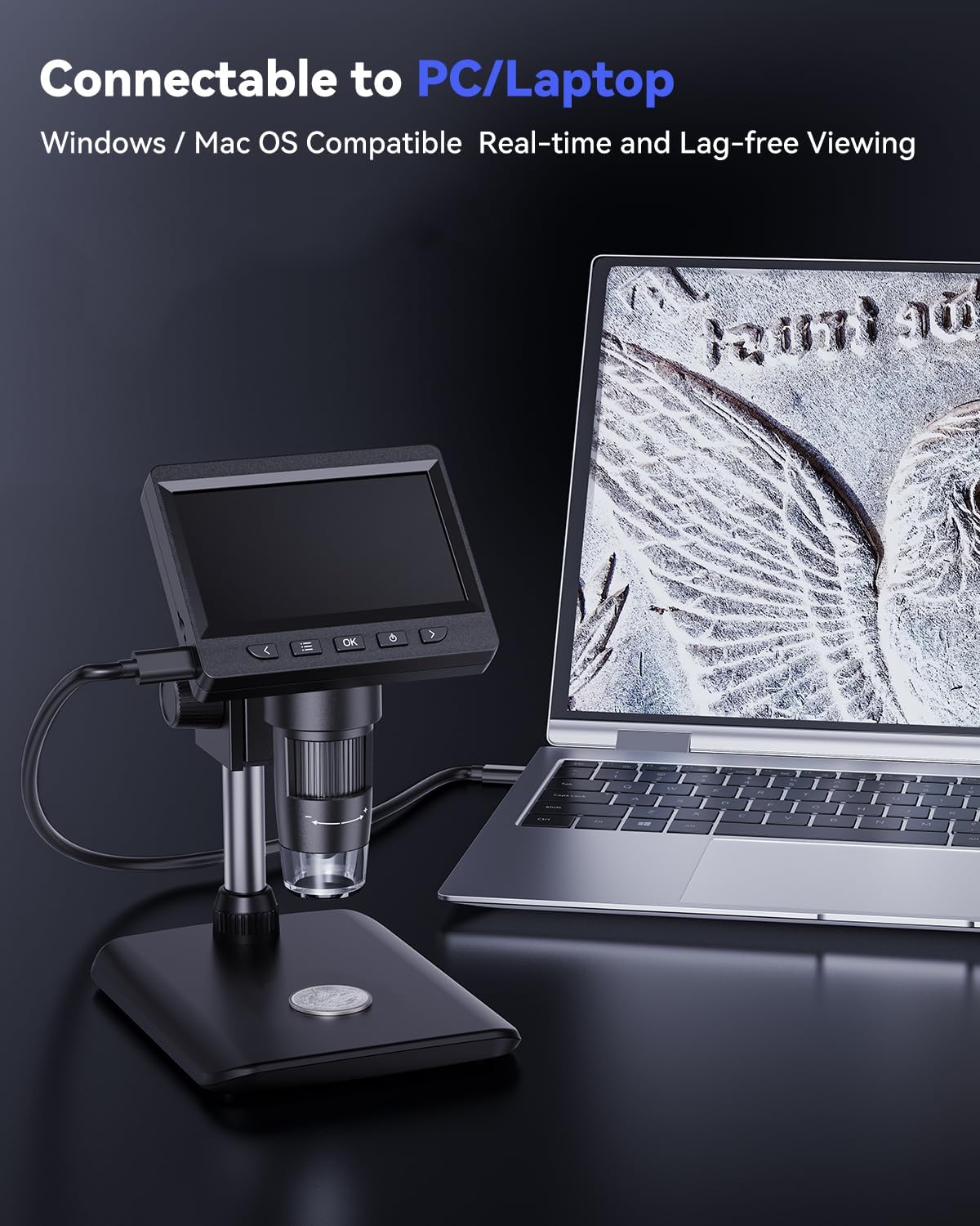 Coin Microscope, 4.3 Inch Digital Microscope 1000X Coin Microscope for Error Coins with 8 Adjustable LED Lights, PC View Compatible with Windows & MacOS
