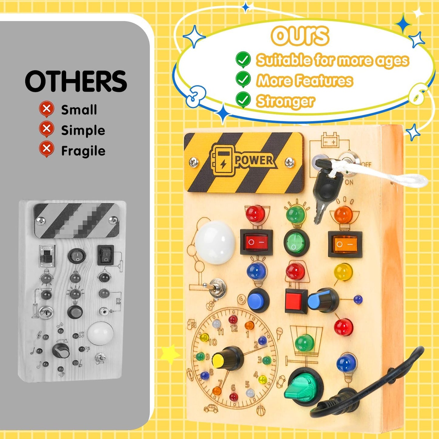Montessori Busy Board Toys: Wooden Sensory Toy for Toddler with LED Light Up Switch, Educational/Christmas/Birthday Gifts for 1-3 Year Old Boys & Girls