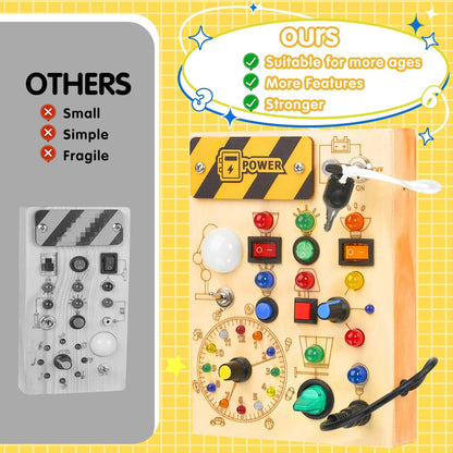 Montessori Busy Board Toys: Wooden Sensory Toy for Toddler with LED Light Up Switch, Educational/Christmas/Birthday Gifts for 1-3 Year Old Boys & Girls