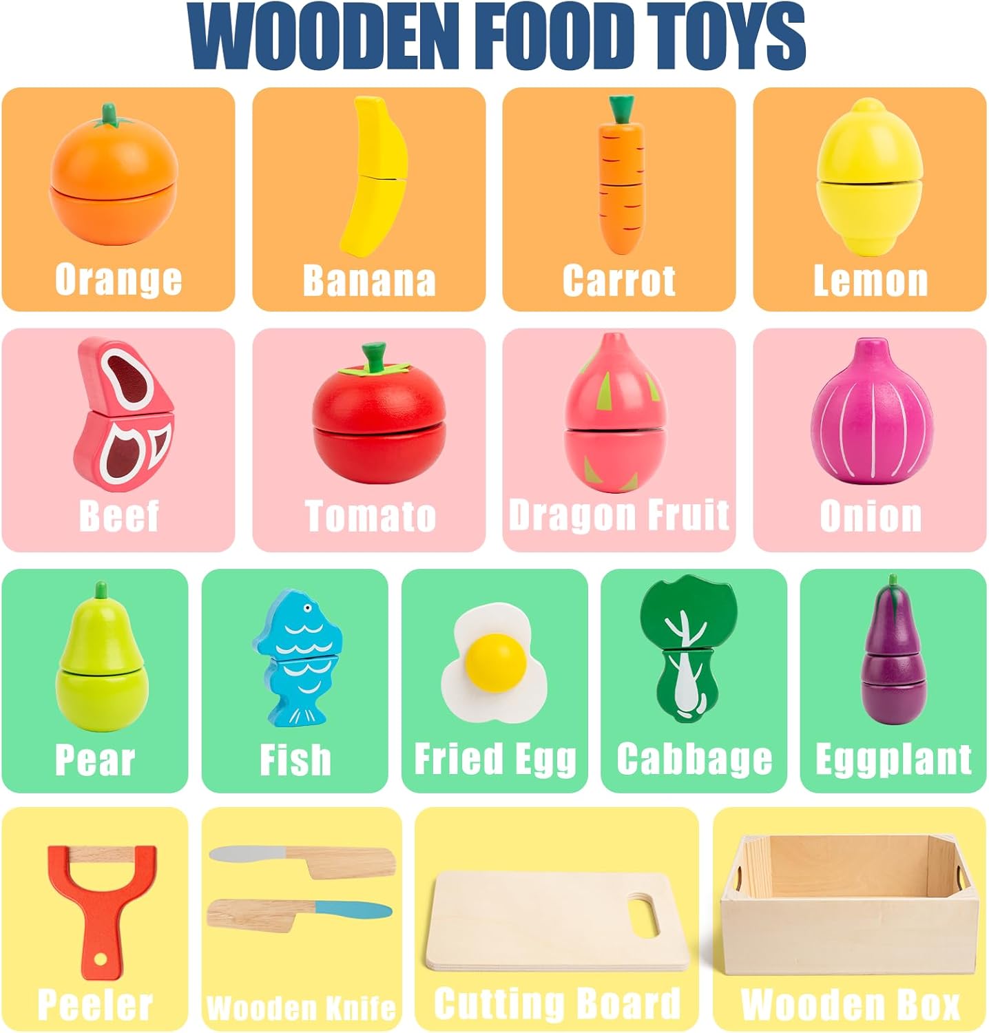 32 Pcs Wooden Play Food Sets for Kids Kitchen Accessories, Montessori Educational Toys Food, Pretend Play Food for Toddlers, Velcro Fruits and Vegetables Cutting Set for Kids Boys Girls