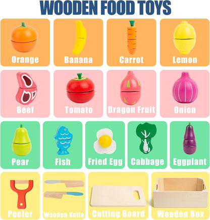32 Pcs Wooden Play Food Sets for Kids Kitchen Accessories, Montessori Educational Toys Food, Pretend Play Food for Toddlers, Velcro Fruits and Vegetables Cutting Set for Kids Boys Girls