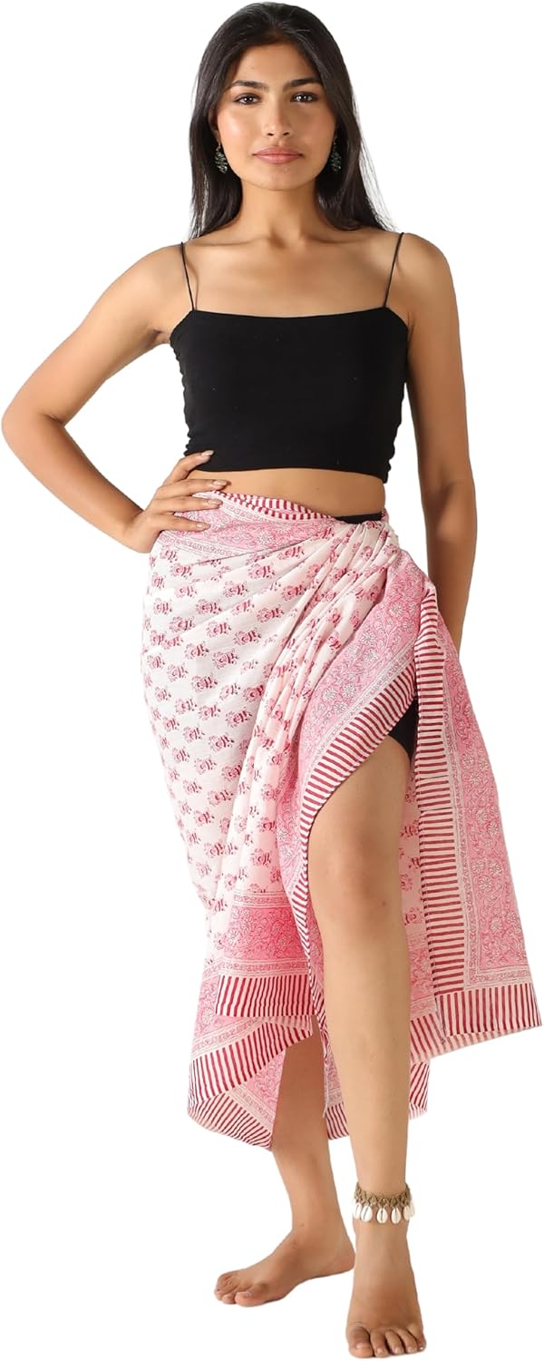 100% Cotton Sarong Cover Up for Women Indian Block Print Beach Wrap Skirt Long Boho Swimsuit Bikini Pareo (73” x 43”)