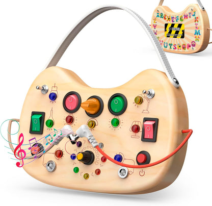 UdoUto Montessori Wooden Busy Board for Toddlers with LED Light Lights & Switches,Portable Activity Board for Car & Airplane Travel Toys, Christmas & Birthday Gift for 1-3 Year Old Boys & Girls