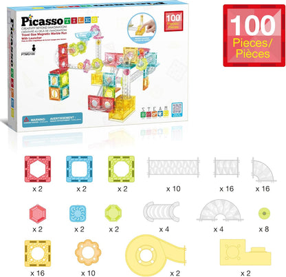 PicassoTiles Marble Run 60 Piece Race Track Magnetic Tiles Magnet Building Block Educational Construction Toy Set Playset STEM Learning Kit Child Brain Development HandEye Coordination Training PTG60