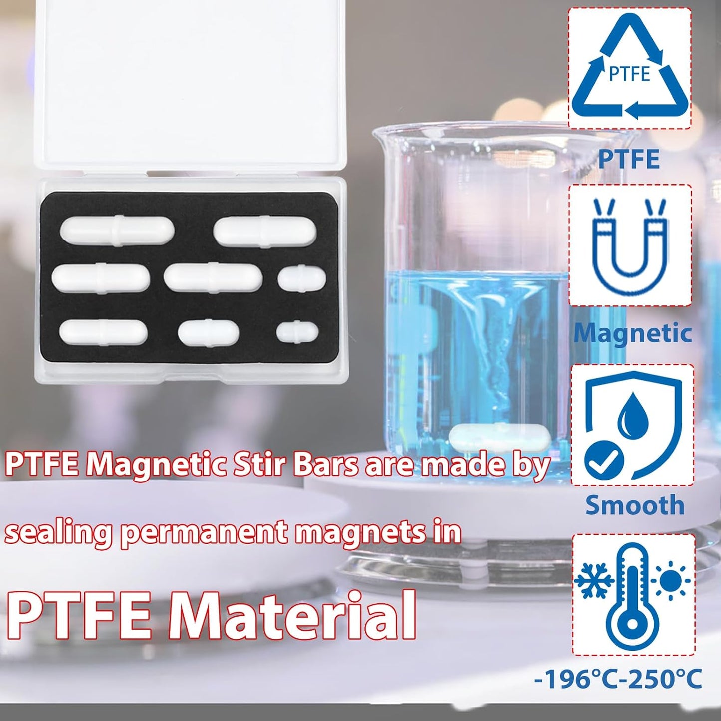 Magnetic Stir Bars with Magnetic Retriever Set, Lab Mixed Size PTFE Magnetic Stirrer Mixer Stir Bars PTFE Stiring Rod, 8x35mm, 8x30mm, 8x28mm, 7x30mm Magnetism for Laboratory Home DIY Project