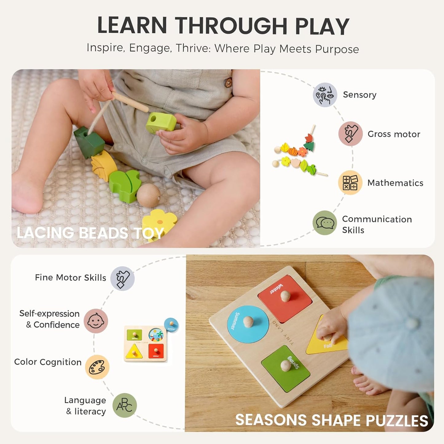 Tiny Land Montessori Toy Set for Babies 7-9 Months Senser Play Kit - 5-in-1 Wooden Learning Toys with Object Permanence Box, Sensory Ball, Stacking Cups and Mirror Puzzle,Body Board Book