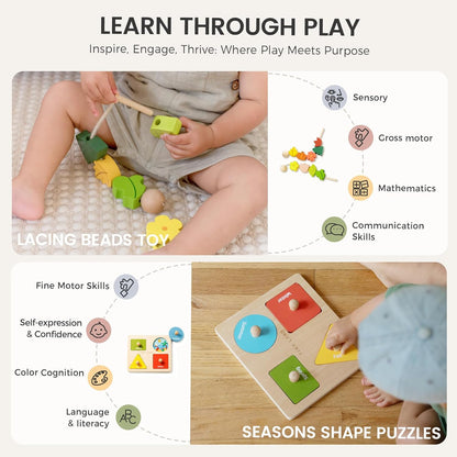 Tiny Land Montessori Toy Set for Babies 7-9 Months Senser Play Kit - 5-in-1 Wooden Learning Toys with Object Permanence Box, Sensory Ball, Stacking Cups and Mirror Puzzle,Body Board Book