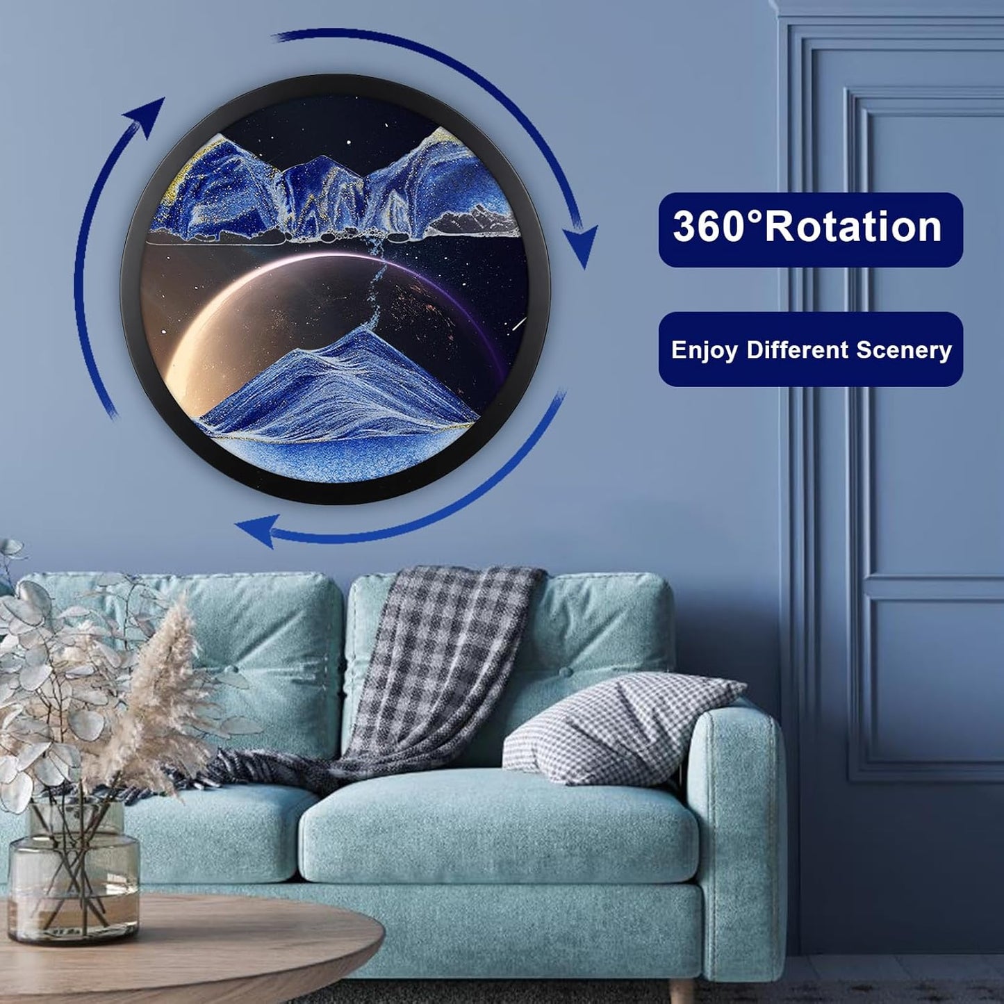 17.3" Moving Sand Art, 3D Sand Art Pictures Deep Sea Sandscape Living Room Decoration, 360° Rotate, Glass Crafts Solid Wood Frame, Relaxing Mood Home Office Work Wall Art Decor