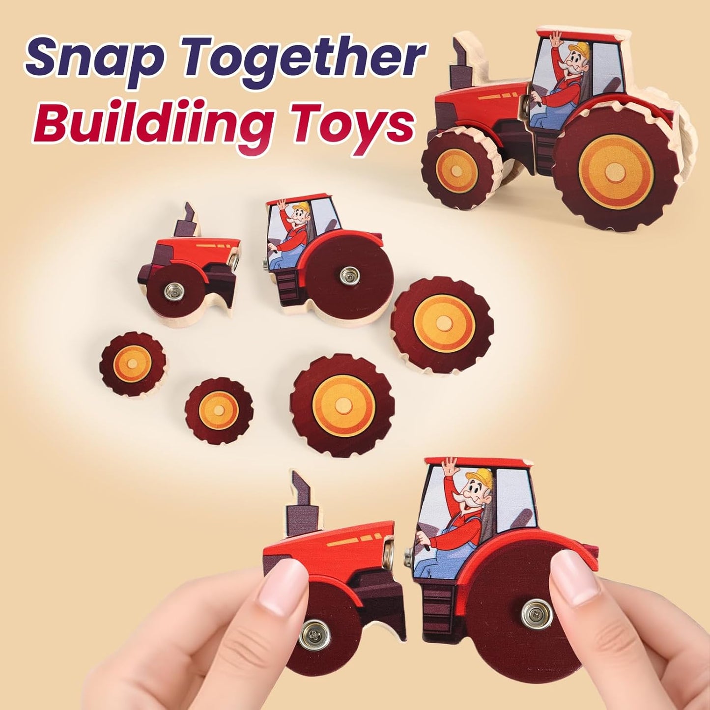 HUZU Animal Snap Wooden Building Blocks – Fun & Educational Puzzle Toy for Kids Aged 3-8, Features Cow, Bear, Lion and Turtle, Matching Game with Interchangeable Animal Faces & Emotions
