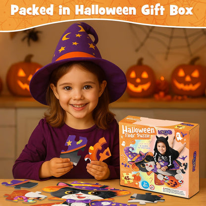 45 Pcs Halloween Floor Puzzle with Black Cat Jumbo Jigsaw Puzzles for Kids Age 4-8, Boo Basket Gifts Stuffers for Boys Girls