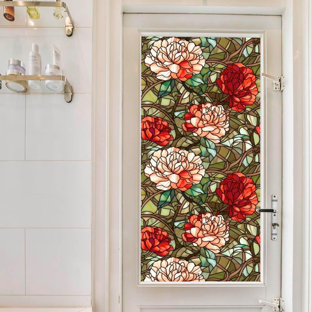 JOONOR Privacy Window Film Stained Glass Window Sticker Non-Adhesive Frosted Glass Film Decorative Magnolia Flower Pattern Static Cling Decals for Home UV Blocking/Heat Insulation 17.7 x 39.4 Inch