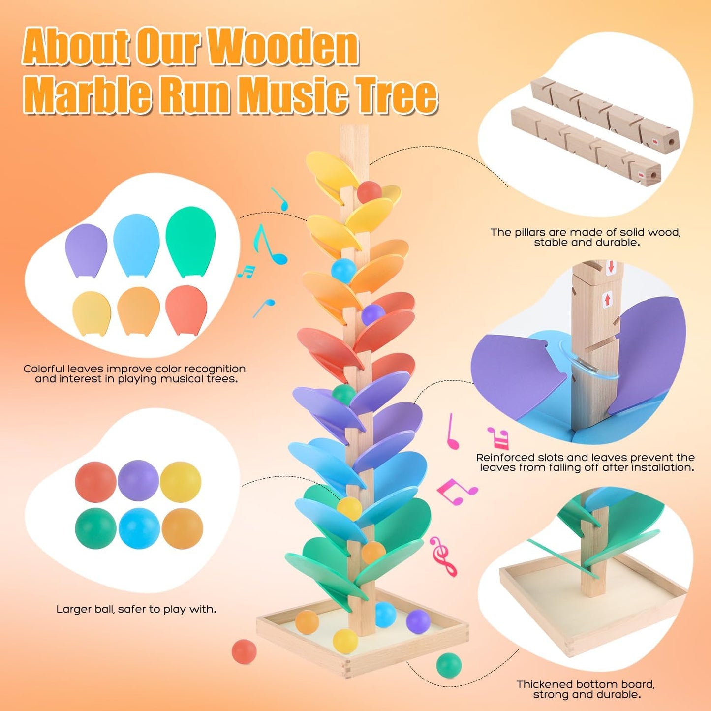 Marble Run Wood Ball Drop Toy for Kids 3-5 Toddlers Wooden Musical Tree Set Ball Run Toys for 4-8 8-12 Years Old Marble Tree Montessori Toys Christmas Birthday Gift (1.1inch Balls)