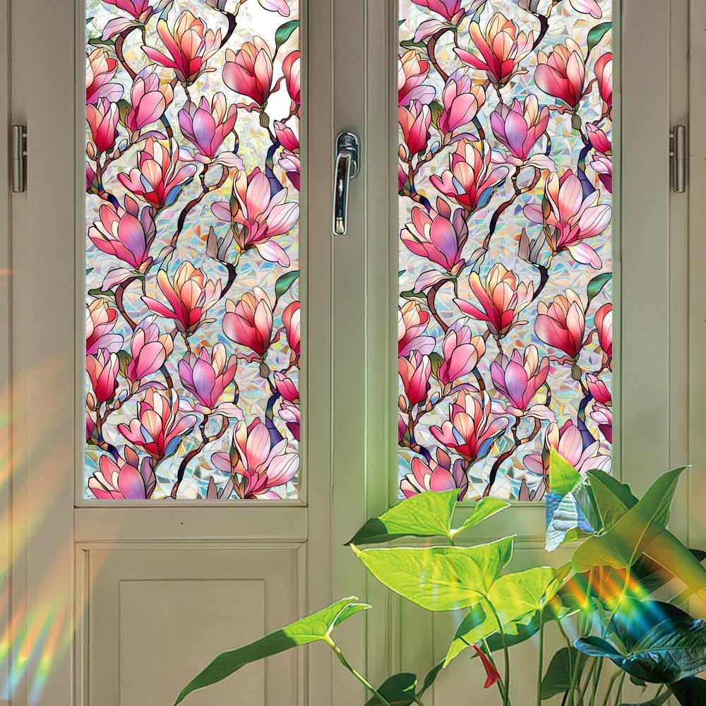 Flower Stained Glass Window Film Decorative Static Cling Stickers Sun Blocking Privacy Decals for Home Car White Lily