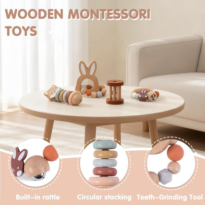 FReniland Wooden Baby Toy Set for 12M+, Montessori Grasping & Stacking Toys, Elephant & Car Sensory Toys, Natural Wood Fine Motor Skill Development Gift for Boys & Girls