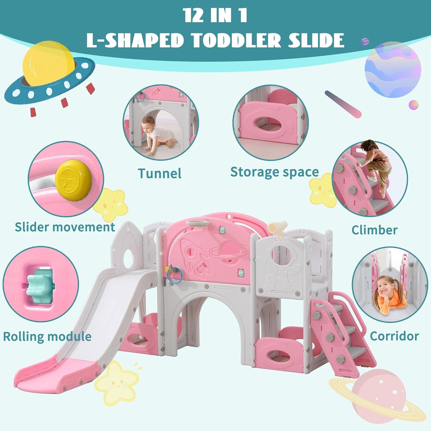 11in 1 Toddler Slide, Kid Slide for Toddlers Age 1-3 with Telescope, Basketball Hoop, and Telescope, Indoor Outdoor Playset Playground Blue Grey