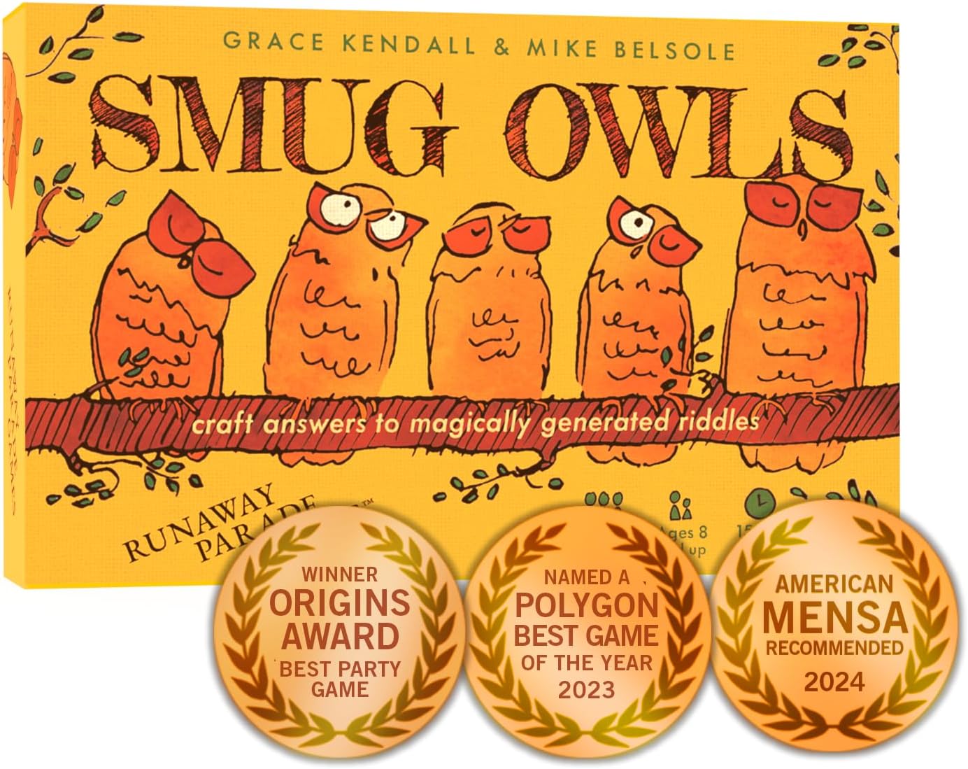 Runaway Parade Games Smug Owls Card Game - an Award-Winning Hilarious & Creative Riddle-Solving Party Game for Kids and Adults | Fun for the Whole Family | 8+ | 15-20 min | 3-15 Players