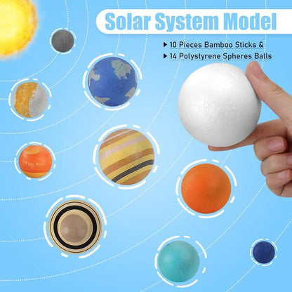 24PCS Solar System Model Foam Ball Project Kit, Planet Model Crafts Includes 14 Sized Polystyrene Spheres Balls, 9.5" Bamboo Sticks for School Science Projects