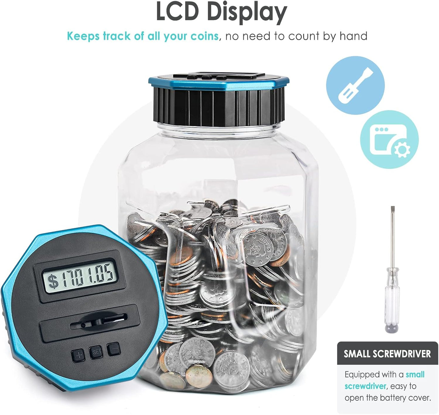 X-Large Piggy Bank for Adults Kids, Vcertcpl Digital Coin Counting Bank with LCD Counter, 2.4L Capacity, Great Coin Counter Bank Money Counting Jar with Total Amount Displayed (Silver, X-Large)