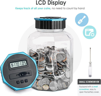X-Large Piggy Bank for Adults Kids, Vcertcpl Digital Coin Counting Bank with LCD Counter, 2.4L Capacity, Great Coin Counter Bank Money Counting Jar with Total Amount Displayed (Silver, X-Large)