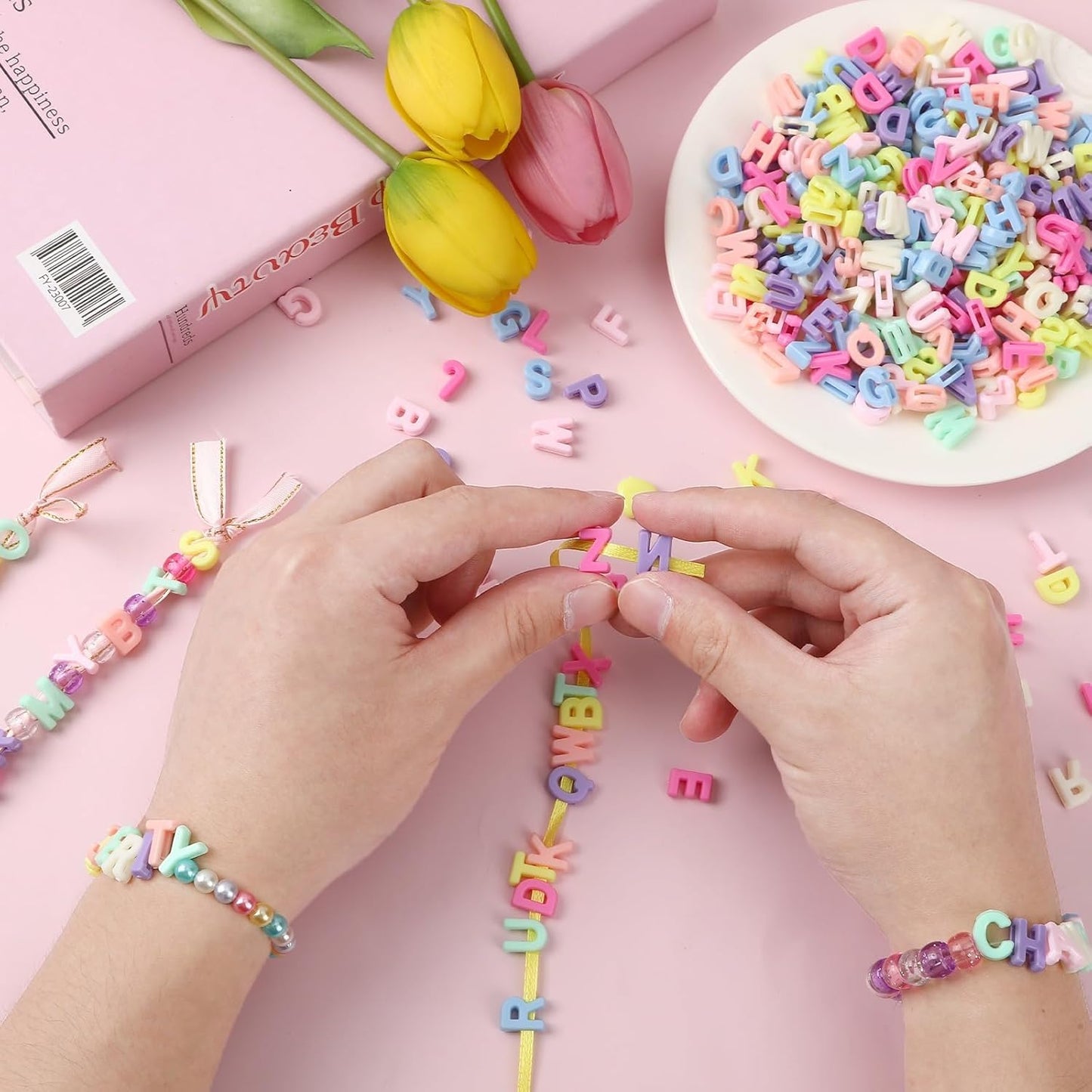 Augshy 400Pcs Large Letter Beads, Macaroon Hollow Letter Beads Plastic A-Z Mixed Alphabet Shape Bead for Jewelry Making Bracelets Necklaces Key Chains Shoelaces Crafts Party Decor(9 x 12 mm)