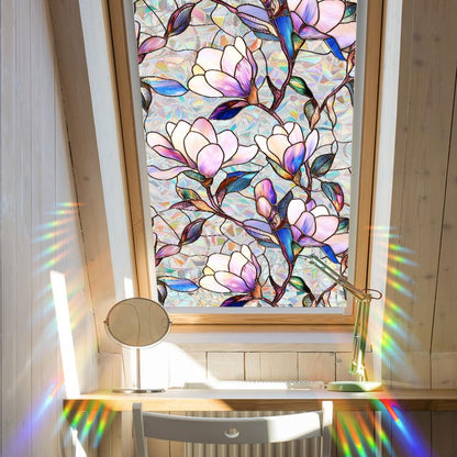 Flower Stained Glass Window Film Decorative Static Cling Stickers Sun Blocking Privacy Decals for Home Car White Lily