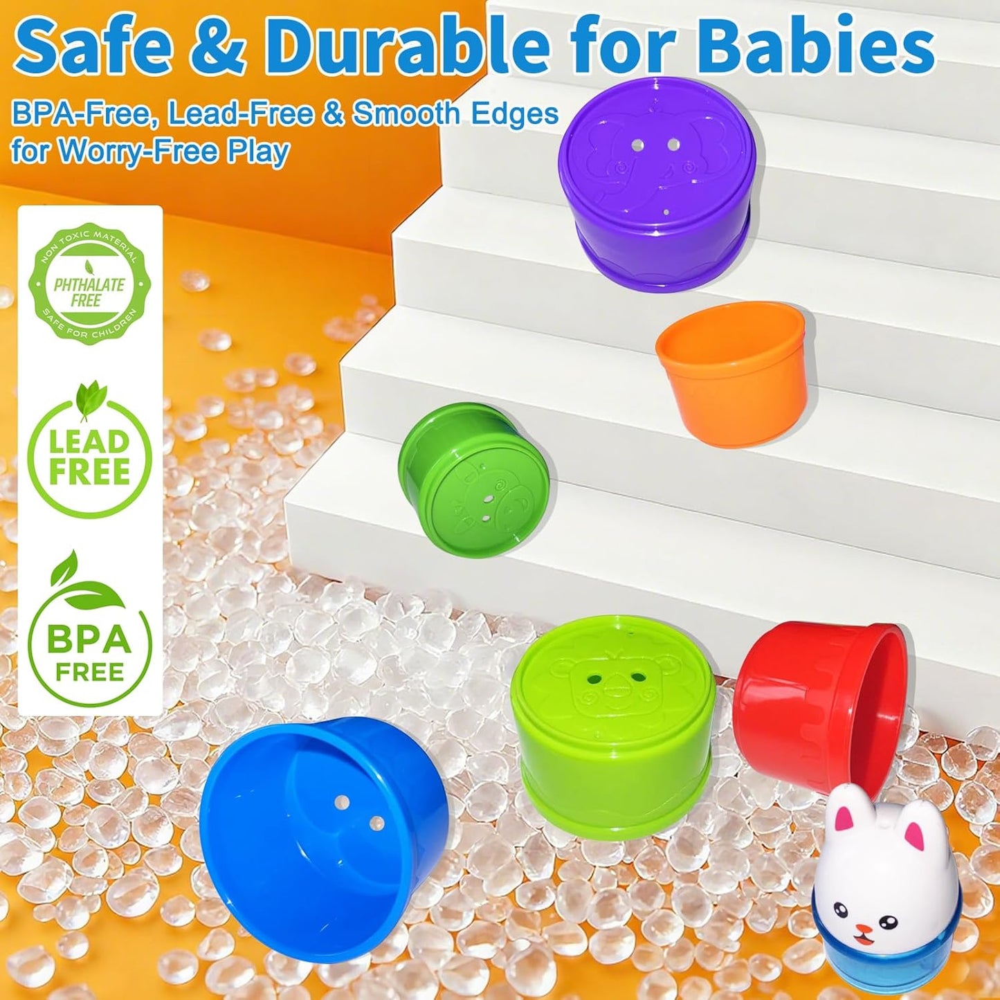 WEEJOYGAM Baby Stacking Cups, Nesting Stacking Toys for Toddlers 1-3 with Light and Sound, Montessori Toys for 1 Year Old Babies 6-12 12-18 Months Easter Gift Color Stack Bath Beach Blocks Rainbow Set