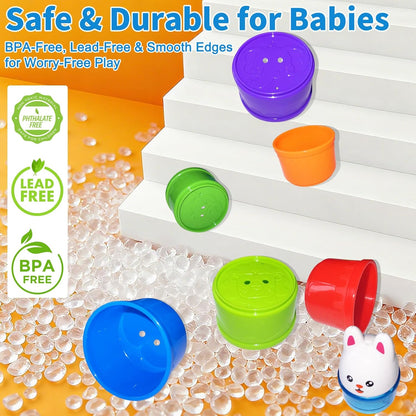 WEEJOYGAM Baby Stacking Cups, Nesting Stacking Toys for Toddlers 1-3 with Light and Sound, Montessori Toys for 1 Year Old Babies 6-12 12-18 Months Easter Gift Color Stack Bath Beach Blocks Rainbow Set