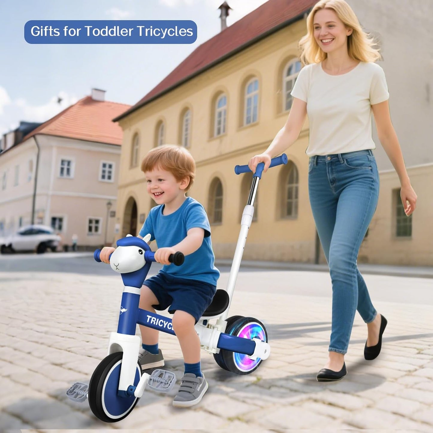 Tricycle for Toddlers 1-3 Year Olds, 5 in 1 Toddler Balance Bike 2-4 Years Old Boys Girls, Push Trike Toys with Adjustable Handle, Birthday Gifts for 2 3 4 5 Year Old Kids Bike (Blue)