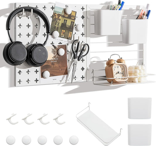 Goplus Peg Board, Metal Pegboard Kit with 2 Pegboard Panels, 12 Accessories, Storage Rack, 2 Storage Containers, Magnets & Hooks, White Pegboard Wall Organizer for Office Kitchen Home