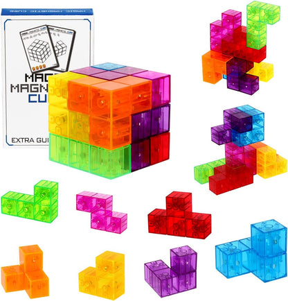 Magic 3D Puzzle Cubes, Set of 7 Multi Shapes Magnetic Blocks with 54 Guide Cards, Intelligence Developing and Stress Relief Fidget Toys