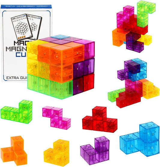 Magic 3D Puzzle Cubes, Set of 7 Multi Shapes Magnetic Blocks with 54 Guide Cards, Intelligence Developing and Stress Relief Fidget Toys
