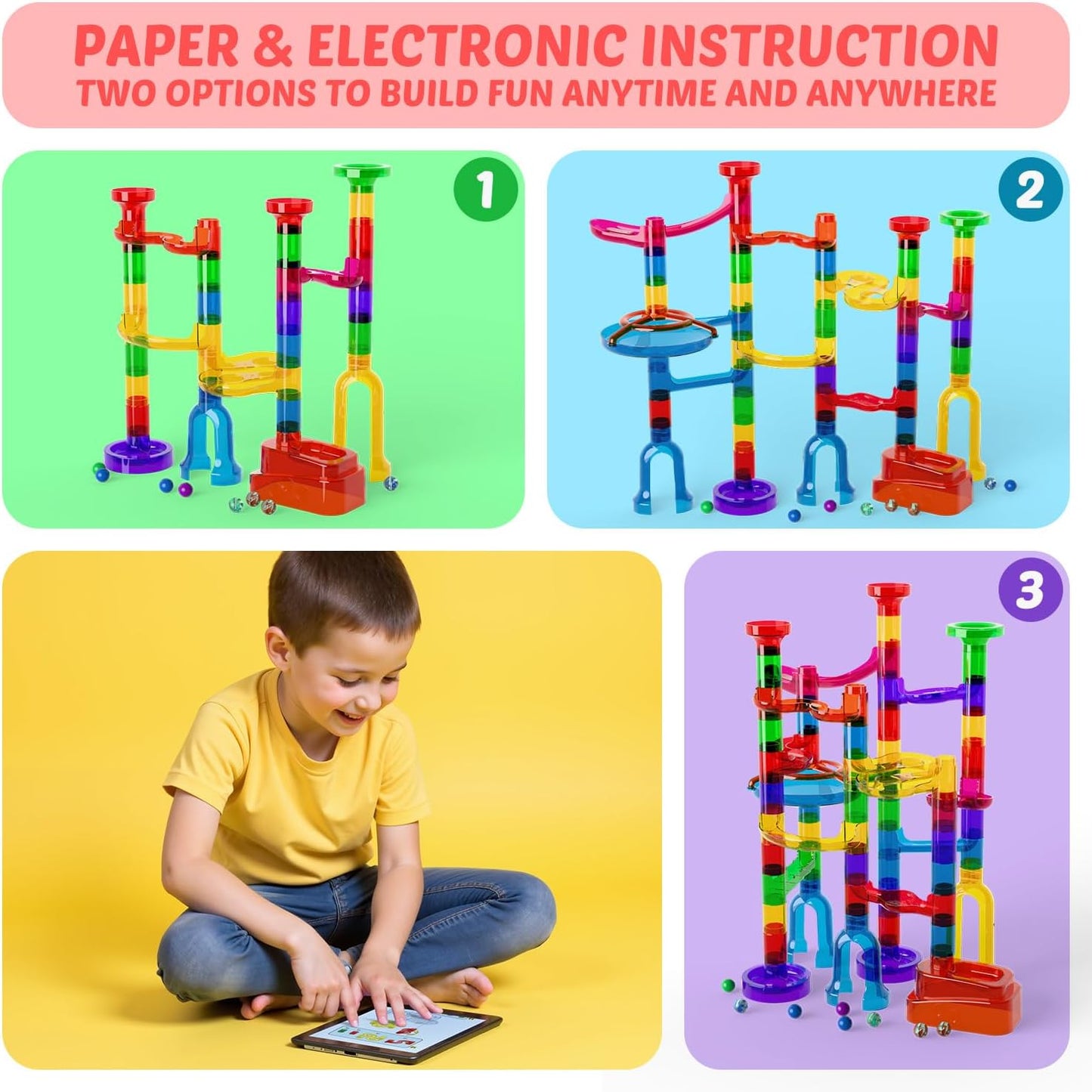 MaxTronic Marble Run Kit for Kids,Upgrade Marble Maze Kit 16mm Marbles 109pcs Building Blocks STEM Learning Toys Christmas Birthday Gift for Kids Aged 3-12